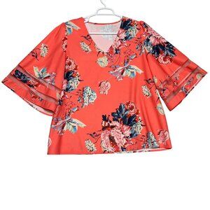 Women’s Blouse XXL Coral Floral Bell Sleeve Lightweight Polyester Blend